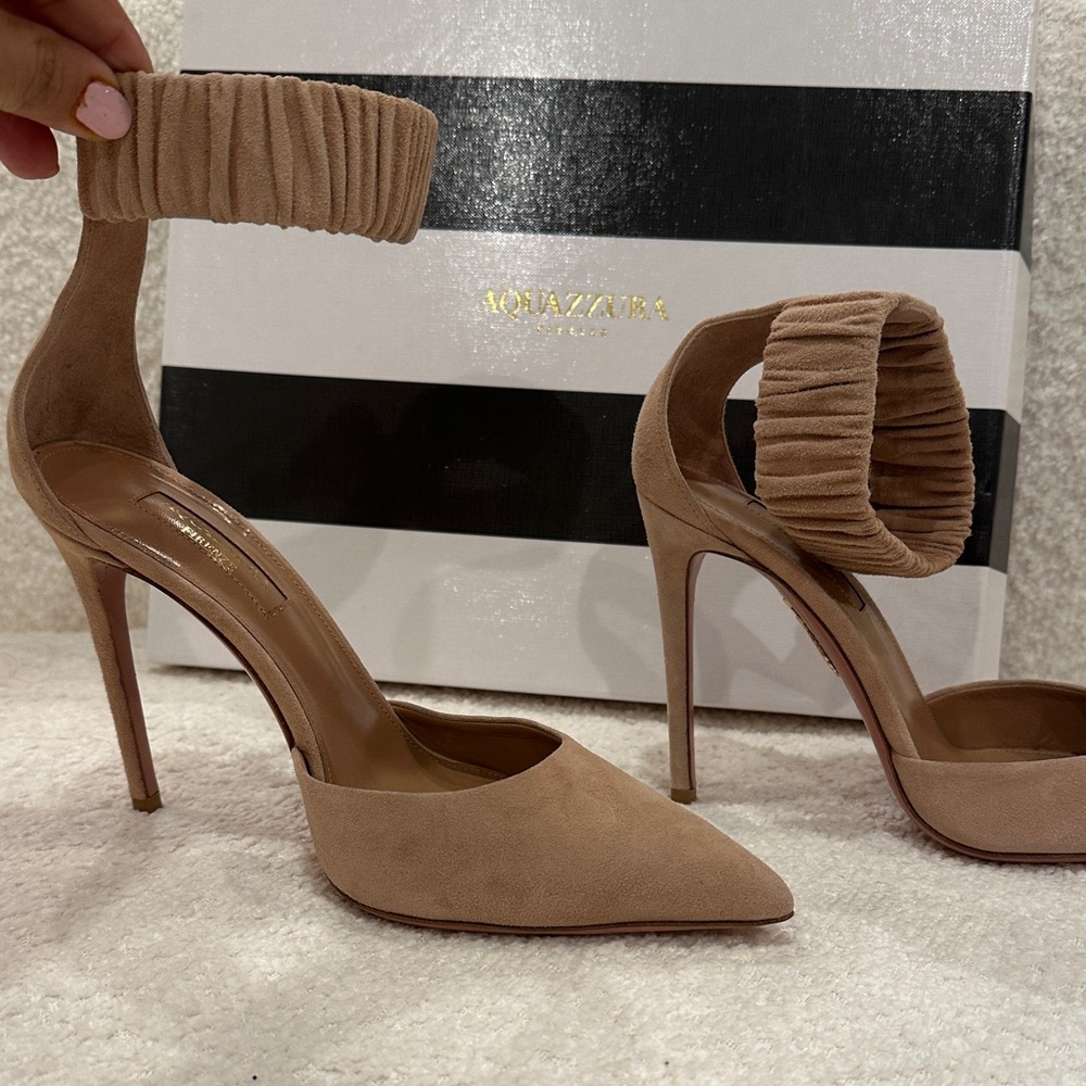 Aquazzura Tan Heels with Ruched Ankle Strap